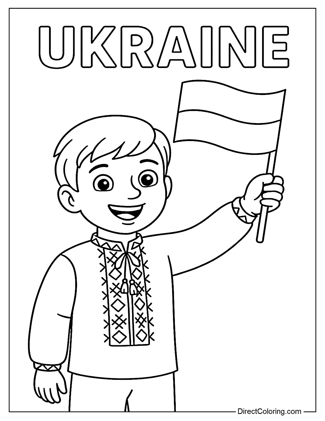 Coloring page of a boy wearing a Vyshyvanka shirt, holding a Ukrainian flag high in his hand.